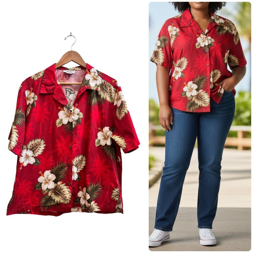 VTG Pacific Legend Cotton Hibiscus Print Camp Resort Boxy Button Shirt XL USA